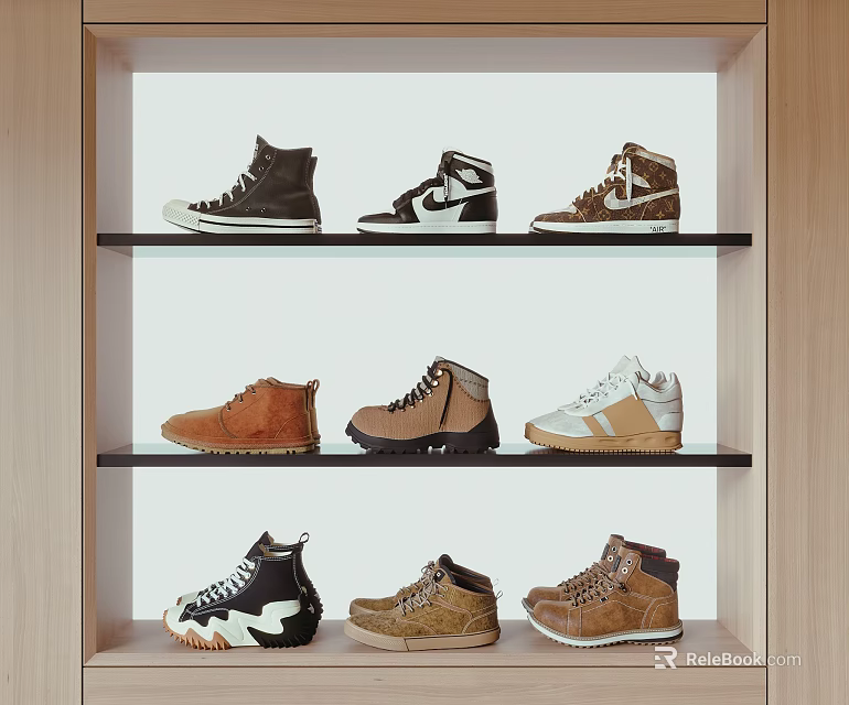 High Top Casual Shoes in Brown Black Beige on Wooden Display Shelves 3d model 