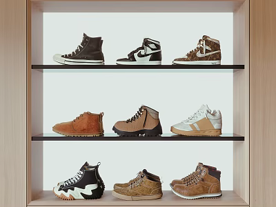 High Top Casual Shoes in Brown Black Beige on Wooden Display Shelves 3d model