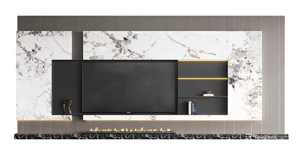 Modern TV Background Wall Design With Marble Panel And Black Shelves 3d model