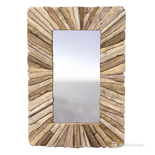 Rustic Decorative Wall Mirror Featuring Natural Driftwood Frame And Rectangular Shape 3d model 
