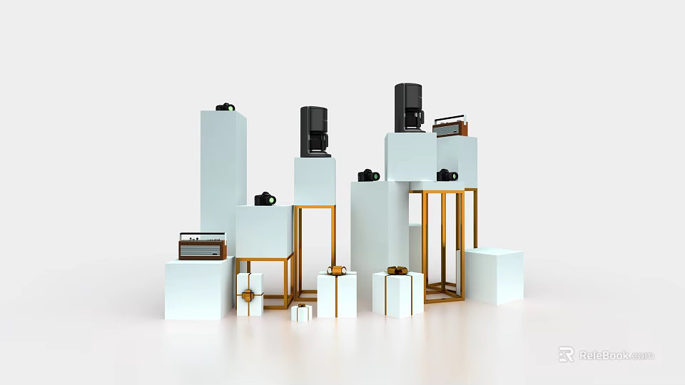 Elegant Display Shelves In White And Gold With Layered Gift Boxes 3d model 