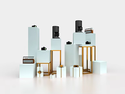 Elegant Display Shelves In White And Gold With Layered Gift Boxes 3d model