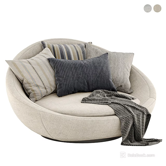 Beige Round Single Sofa with Striped Pillows and Gray Throw Blanket in Modern Living Room 3d model 