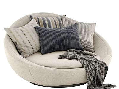 Beige Round Single Sofa with Striped Pillows and Gray Throw Blanket in Modern Living Room 3d model
