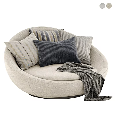 Beige Round Single Sofa with Striped Pillows and Gray Throw Blanket in Modern Living Room 3d model