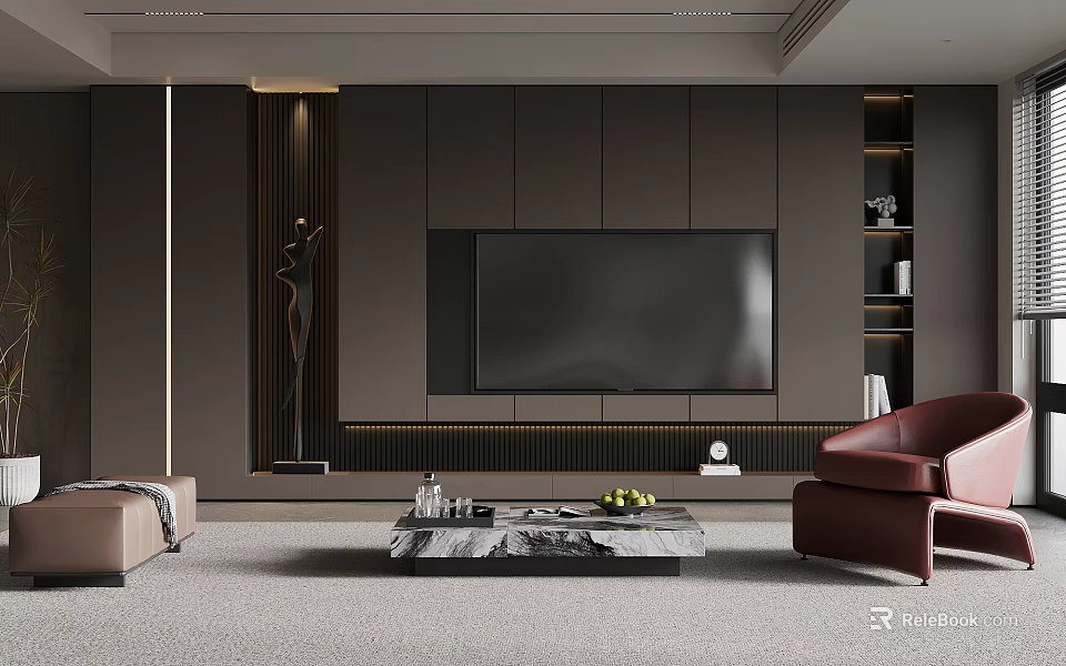 Modern Living Room Interior With Dark TV Wall Leather Sofa And Marble Coffee Table 3d model 