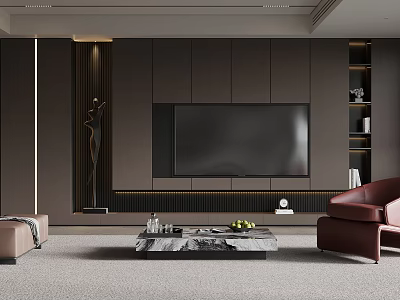 Modern Living Room Interior With Dark TV Wall Leather Sofa And Marble Coffee Table 3d model