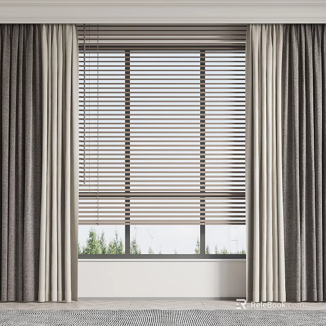 Modern Light Filtering Curtains With Wooden Blinds And Green Outdoor View 3d model 