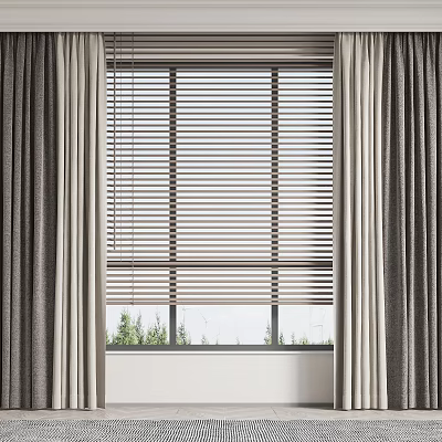 Modern Light Filtering Curtains With Wooden Blinds And Green Outdoor View 3d model
