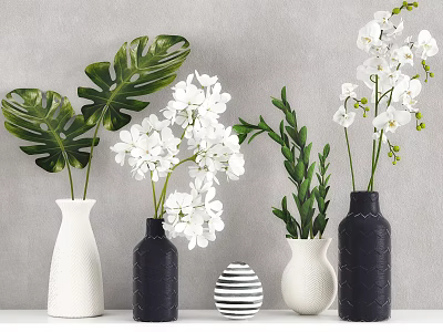 Decorative Vases With White Orchids And Green Monstera Leaves On Shelf Against Neutral Wall 3d model