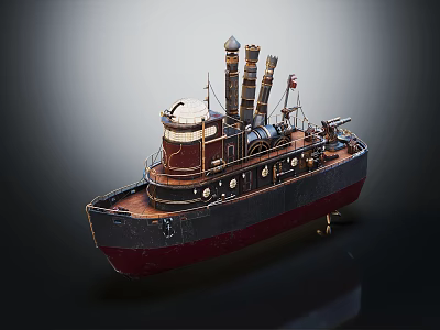 Vintage Warship Model with Three Chimneys Dark Blue Red Hull and Detailed Wooden Deck 3d model