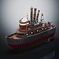 Vintage Warship Model with Three Chimneys Dark Blue Red Hull and Detailed Wooden Deck