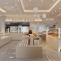 Modern Dessert Shop Interior Design With Bright Display Counters Fresh Bread Pastries And Pendant Lights