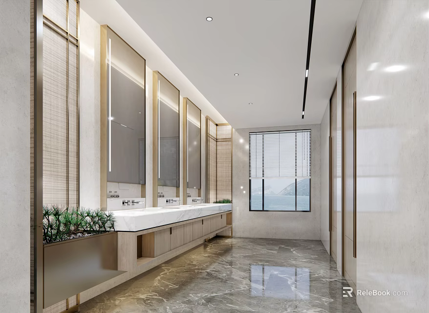 Modern Public Restroom Interior With Multiple Mirrors Washbasins Marble Floor Plants And Natural Light 3d model 