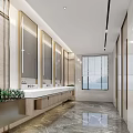 Modern Public Restroom Interior With Multiple Mirrors Washbasins Marble Floor Plants And Natural Light