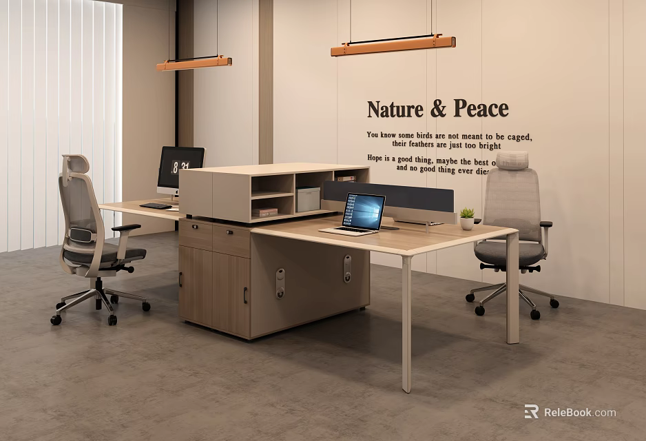 Modern Office Interior With Wooden Desk Office Chairs Computers And Nature Peace Wall Art 3d model 