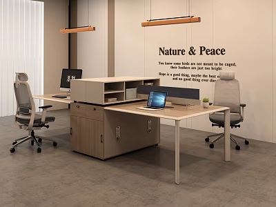 Modern Office Interior With Wooden Desk Office Chairs Computers And Nature Peace Wall Art 3d model
