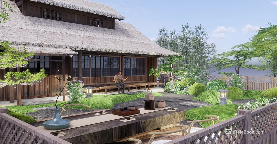 Karesansui Japanese Garden with Thatched Roof Wooden House Stone Lanterns and Mossy Greenery 3d model 