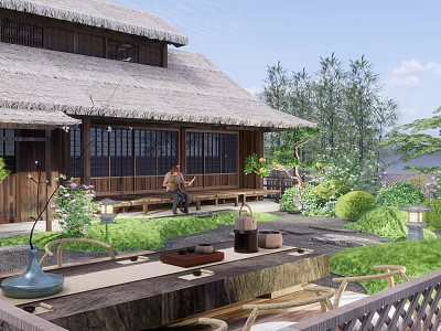 Karesansui Japanese Garden with Thatched Roof Wooden House Stone Lanterns and Mossy Greenery 3d model
