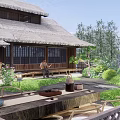 Karesansui Japanese Garden with Thatched Roof Wooden House Stone Lanterns and Mossy Greenery