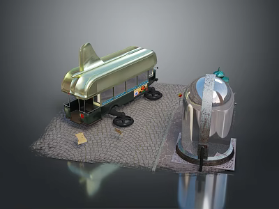 Vintage Streamlined Car With Metallic Body And Black Wheels Beside Round Tower On Cobblestone Pavement 3d model