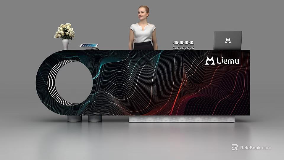 Modern Reception Desk With Curved Wave Lines White Flower Vase Tablet And Menu Laptop 3d model 