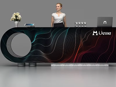 Modern Reception Desk With Curved Wave Lines White Flower Vase Tablet And Menu Laptop 3d model