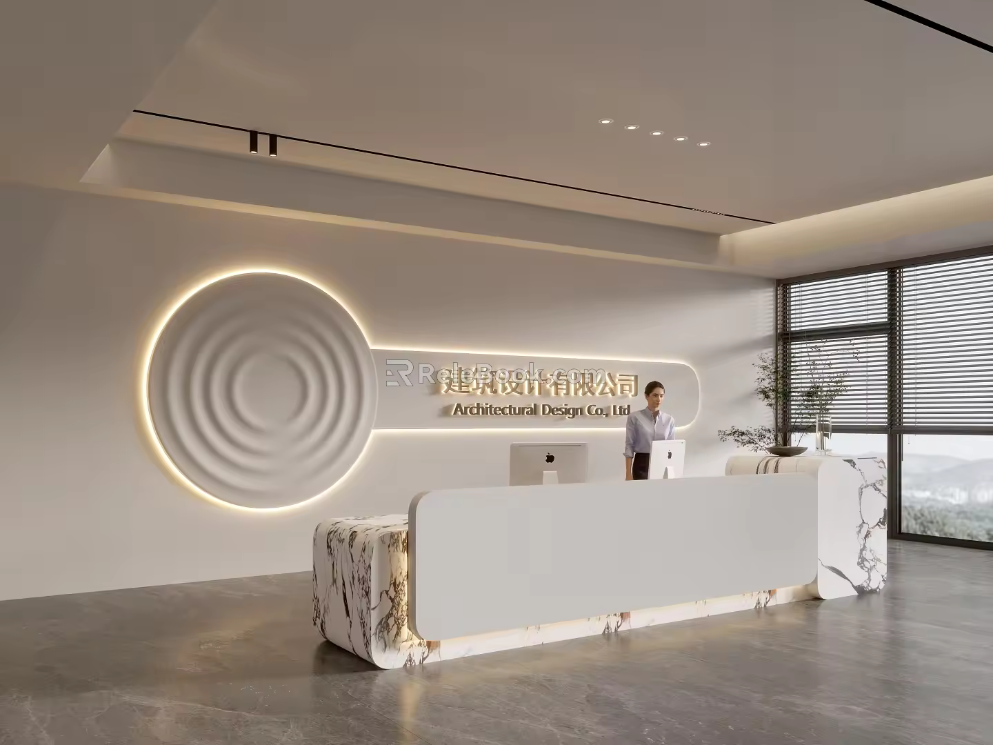 Modern company front desk background wall reception area bar desk reception desk hall simple lobby 3d model