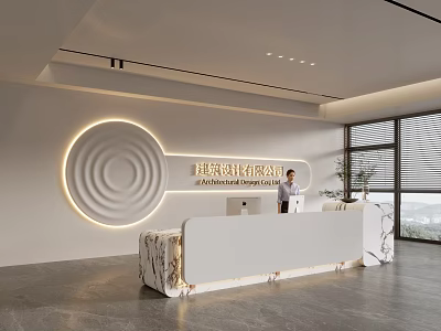 Modern Office Reception Desk With Marble Counter Circular Decorative Wall And Receptionist 3d model