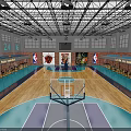 Basketball Gym Interior With Wooden Floor Hoops Seats Wall Numbers Murals Ceiling Lights And Windows