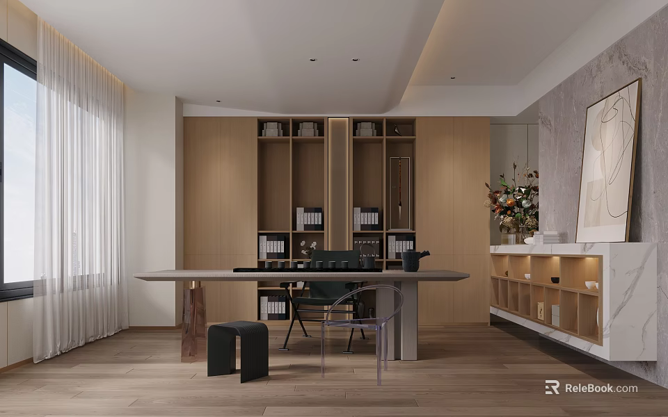 Modern Tea Room Interior Design With Long Table Bookshelves And Flower Vase 3d model 
