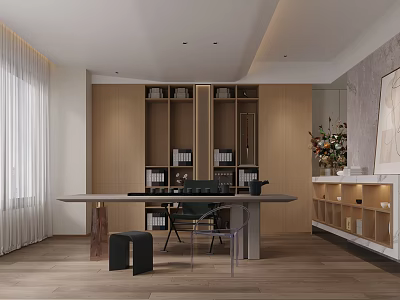 Modern Tea Room Interior Design With Long Table Bookshelves And Flower Vase 3d model