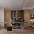 Modern Tea Room Interior Design With Long Table Bookshelves And Flower Vase