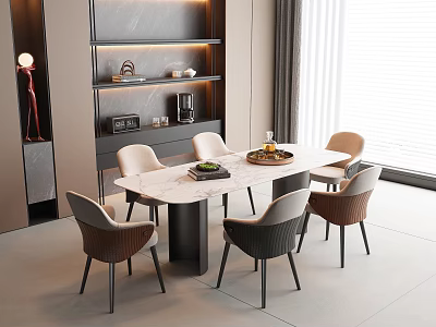 Modern Luxury Dining Table Set with Marble Top Six Chairs and Minimalist Dining Room Design 3d model
