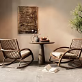 Natural Wooden Rocking Leisure Chairs With Woven Backrest Armrests And Small Round Table