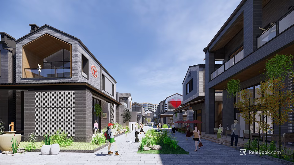 Vibrant Traditional Modern Commercial Street With Pedestrians Greenery And Store Signs 3d model 