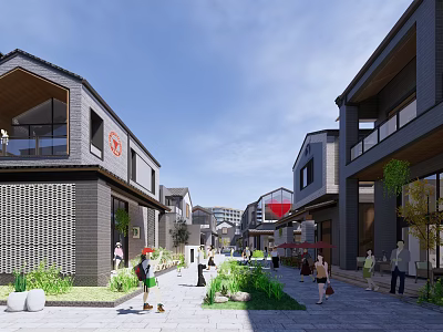 Vibrant Traditional Modern Commercial Street With Pedestrians Greenery And Store Signs 3d model