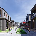 Vibrant Traditional Modern Commercial Street With Pedestrians Greenery And Store Signs