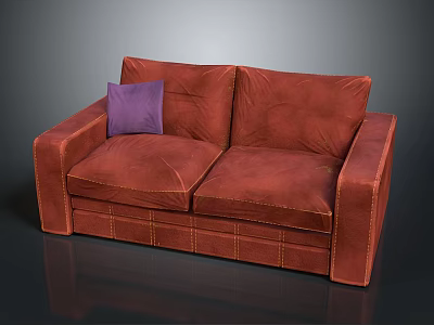Two Seater Brown Leather Sofa With Purple Pillow Modern Design 3d model