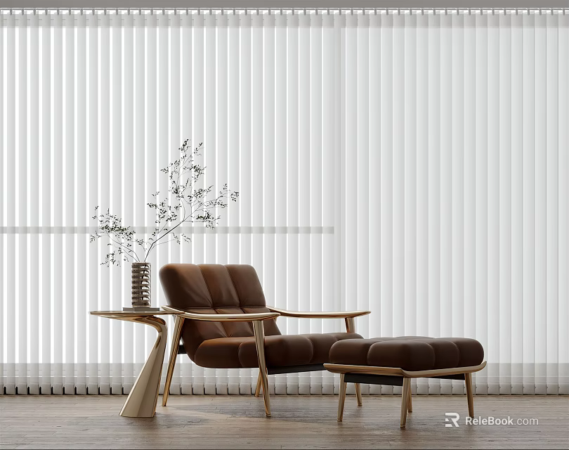 Stylish Brown Lounge Chair With Ottoman Side Table And Vase Against Vertical Blinds 3d model 