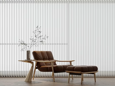 Stylish Brown Lounge Chair With Ottoman Side Table And Vase Against Vertical Blinds 3d model