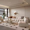 Modern Living Room With Cream Curved Sofa Circular Mirror Geometric Rug And Large Windows
