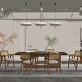 Minimalist Restaurant Interior With Wooden Dining Table Chairs Hanging Lights And Decorative Plants