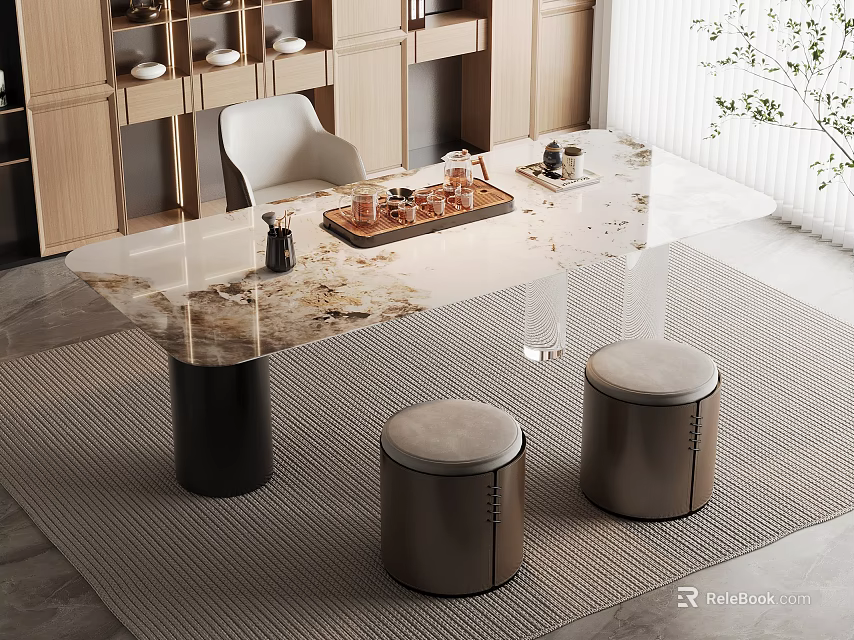 Elegant Modern Tea Table With Marble Top And Two Stools In Minimalist Interior Design 3d model