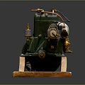 Vintage Green Mechanical Equipment with Metal Parts on Wooden Base