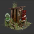Cartoon Scene Showing Wooden Outhouse Red Door Grass on Roof White Toilet and Surrounding Logs