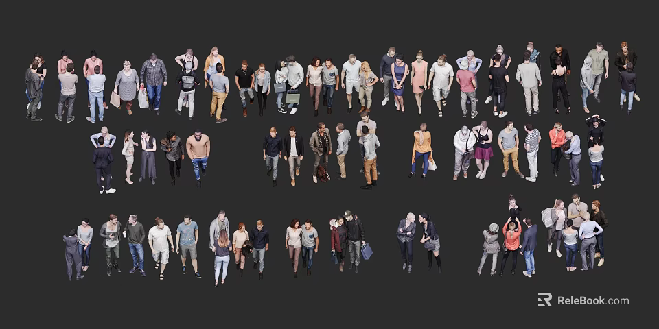 Multiple People Figures in Various Poses and Clothing Styles on Black Background 3d model 