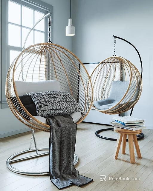 Cozy Indoor Rattan Hanging Chairs With Soft Cushions And Decorative Pillows 3d model 