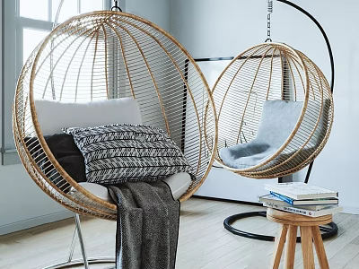 Cozy Indoor Rattan Hanging Chairs With Soft Cushions And Decorative Pillows 3d model