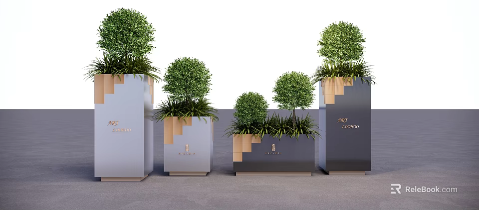 Modern Garden Decorative Planters With Green Topiaries And Tiered Design 3d model 